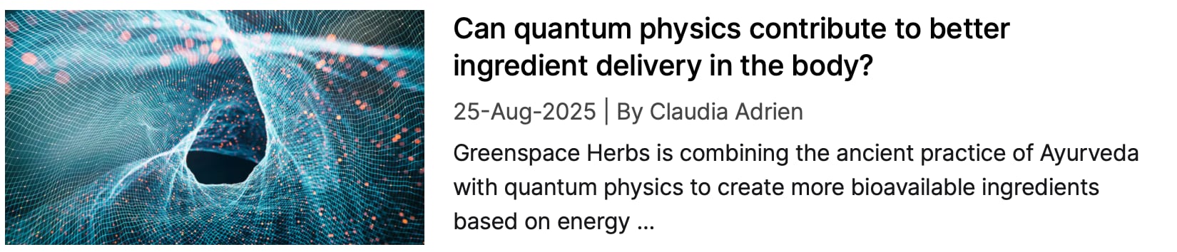 Screenshot of NutraIngredients coverage: "Can quantum physics contribute to better ingredient delivery in the body?"