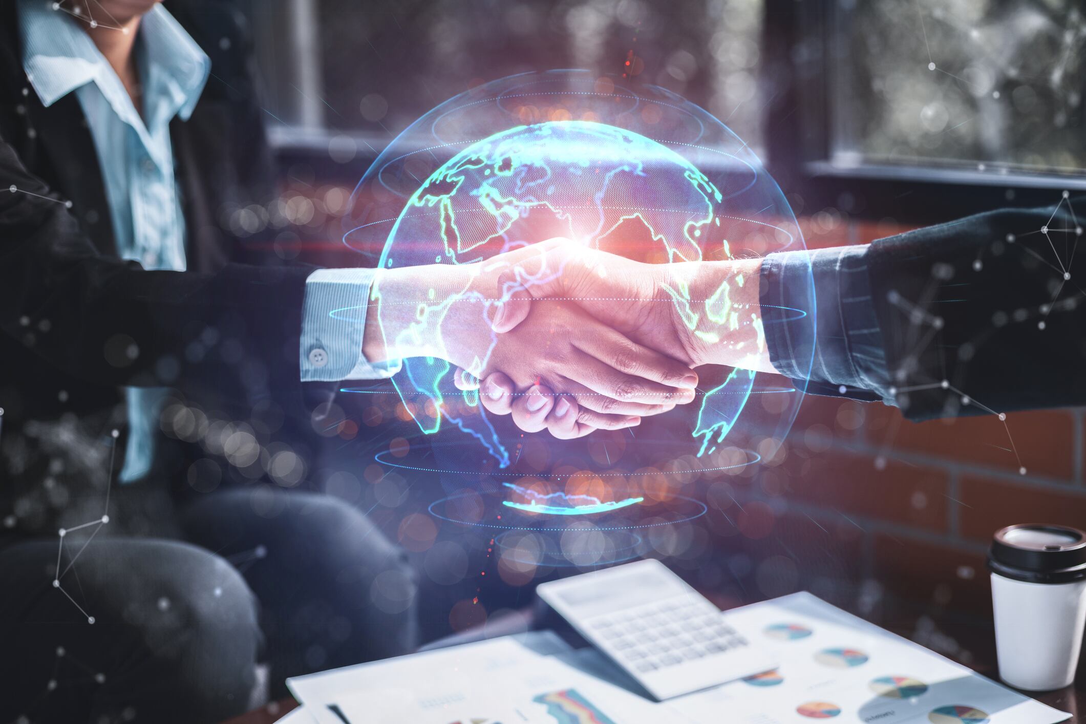 Success business and partnership business concept, Business people shake hands to agree to join business and digital Infographic global. Success technology and business partnership