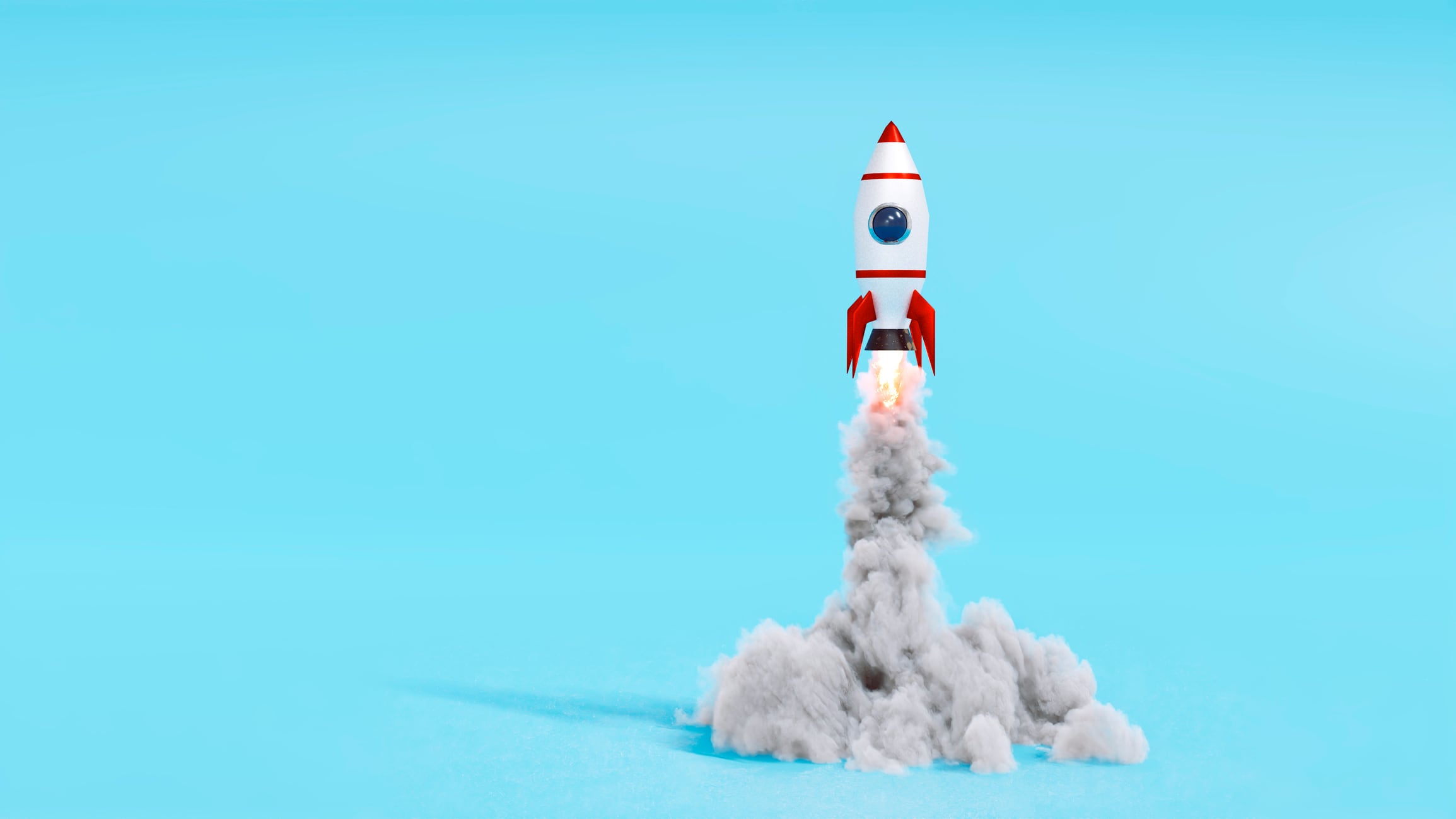 Conceptual image of small spaceship taking off with fire and smoke. Concept of making a succesful launch.