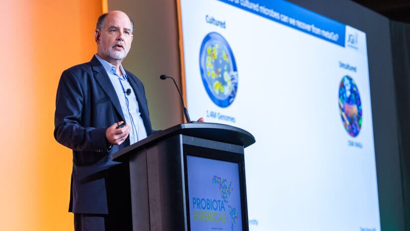 Dr. Nikos Kyrpides on stage at Probiota Americas 2025.