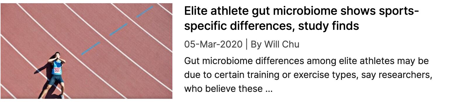 Screenshot of NutraIngredients coverage: "Elite athlete gut microbiome shows sports-specific differences"