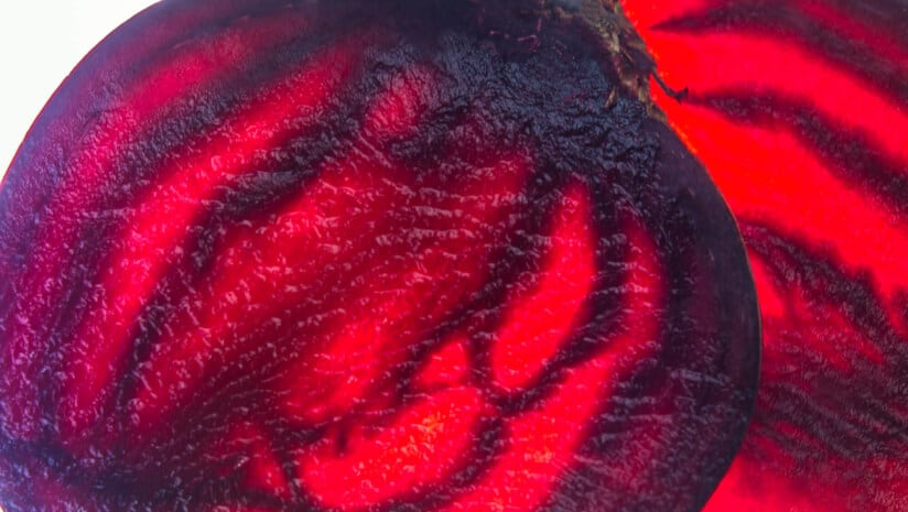 Fresh red beet slices translucent food macro on lighted background
