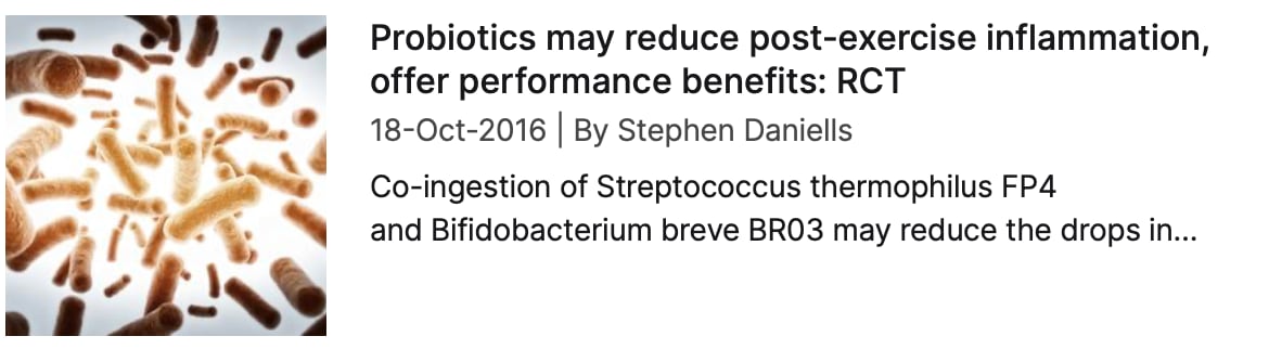 Screenshot of NutraIngredients coverage: "Probiotics may reduce post-exercise inflammation, offer performance benefits"