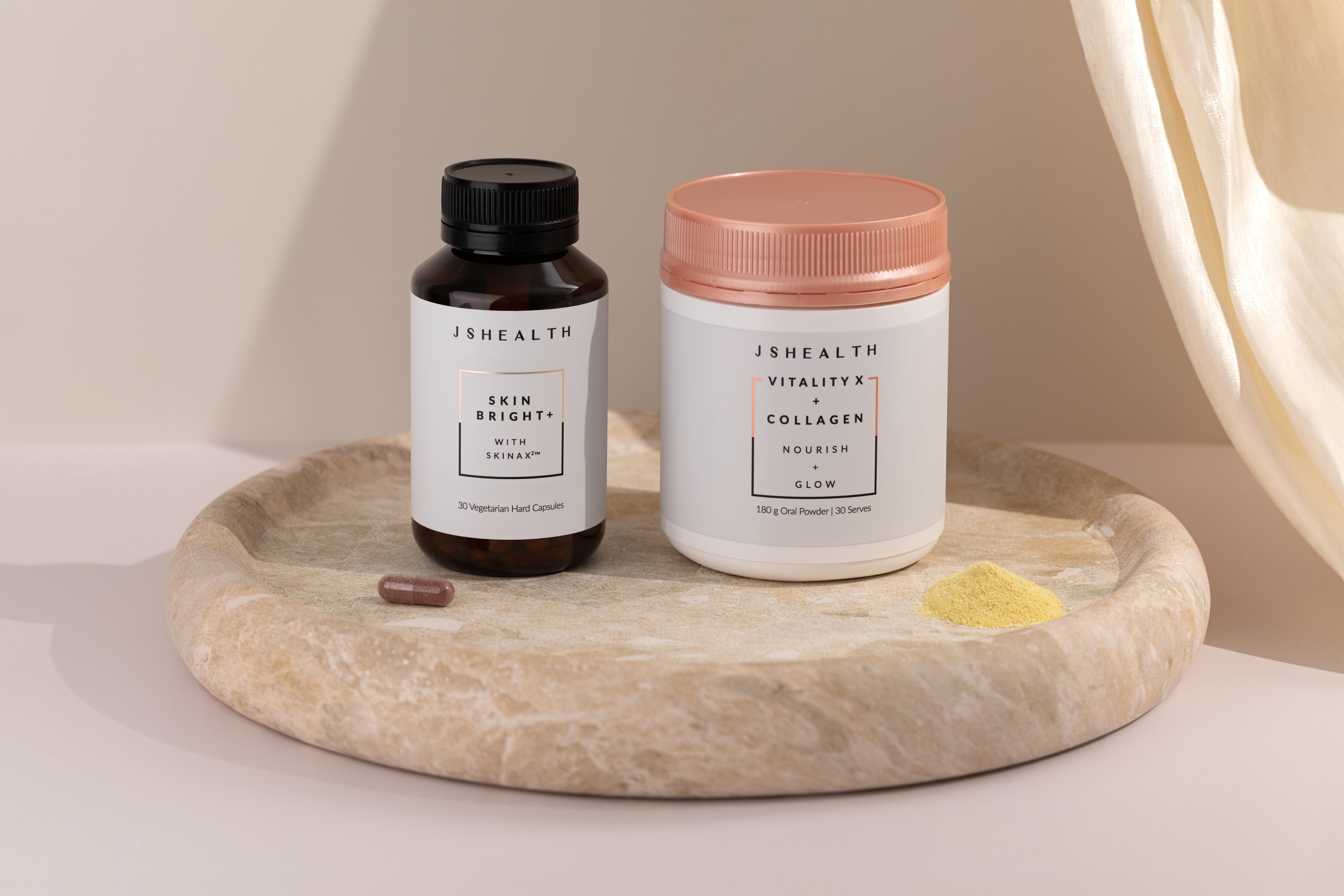 JSHealth Skin Bright+ capsule and VitalityX + Collagen powder.