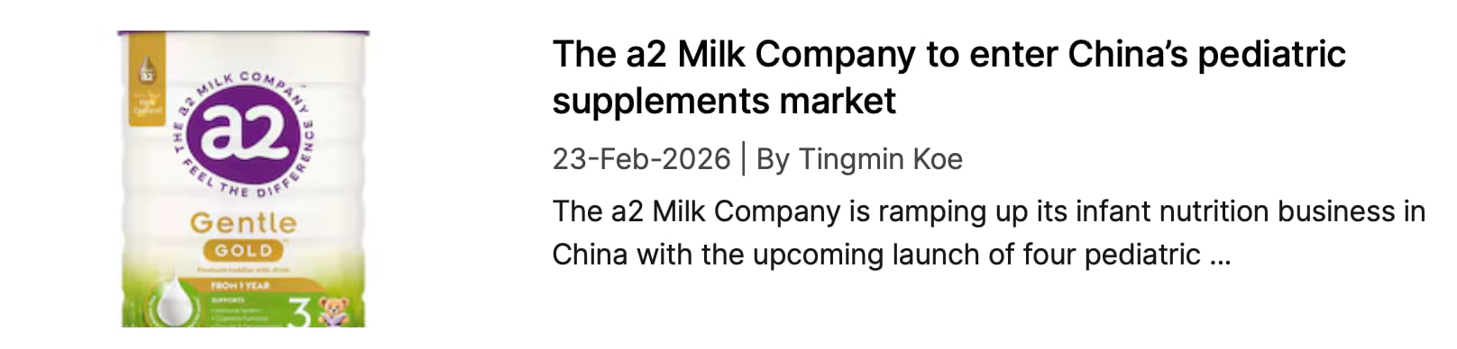 Screenshot of a2 milk company NutraIngredients coverage