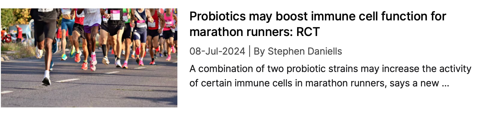 Screenshot of NutraIngredinets coverage: "Probiotics may boost immune cell function for marathon runners"