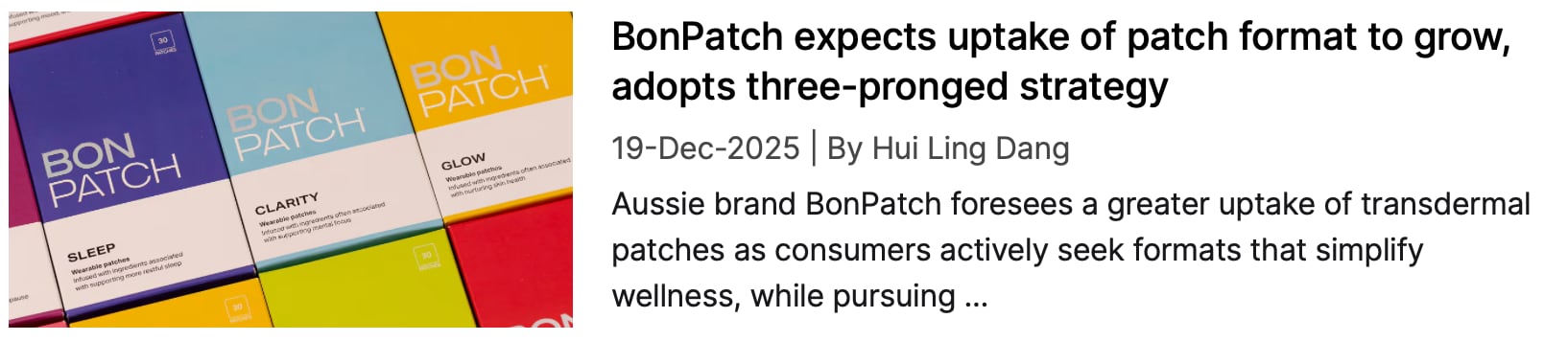 Screenshot of NutraIngredients coverage: "BonPatch expects uptake of patch format to grow"