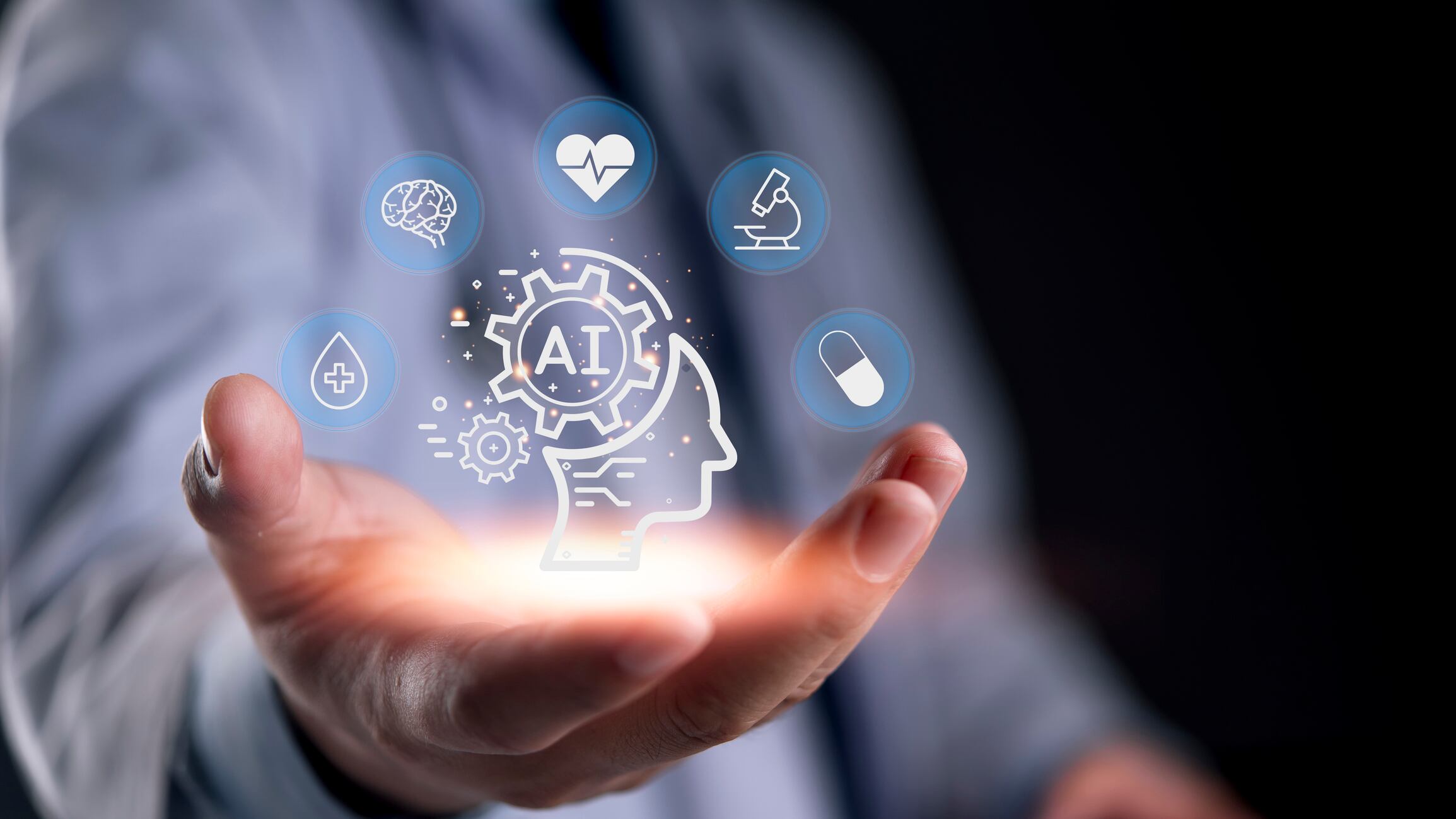 Medical professional hand displaying AI gear brain hologram icons smart healthcare technology machine learning diagnostics.