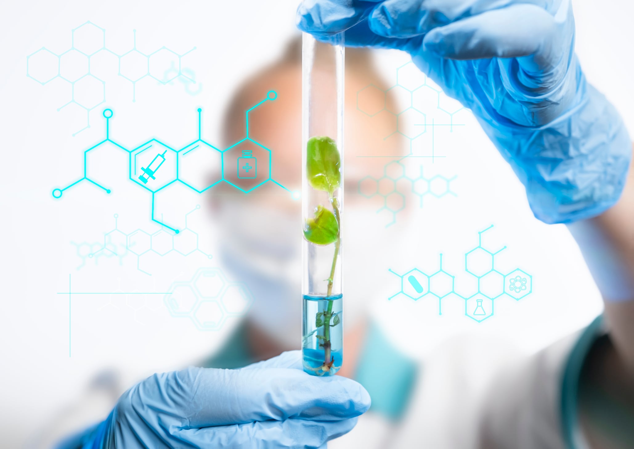 A scientist in protective gear examines a test tube containing a small plant sample. The background features symbols related to biotechnology and genetics, highlighting innovative research.