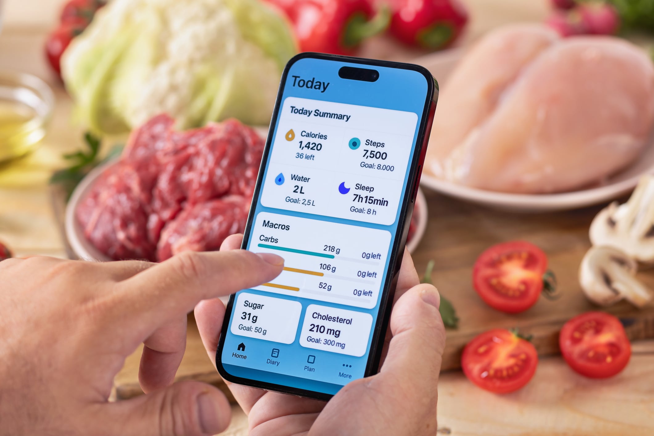 Healthy lifestyle concept. Person using mobile health app to monitor calories, macros, water intake, sleep, and steps, with fresh food ingredients in background