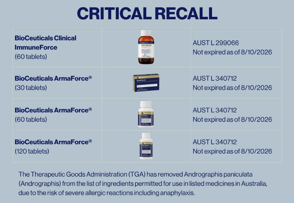 Practitioner-only brand BioCeuticals is recalling Andrographis-containing listed medicines, including BioCeuticals Clinical ImmuneForce and
BioCeuticals ArmaForce, following the TGA's ban on the botanical in listed medicines.