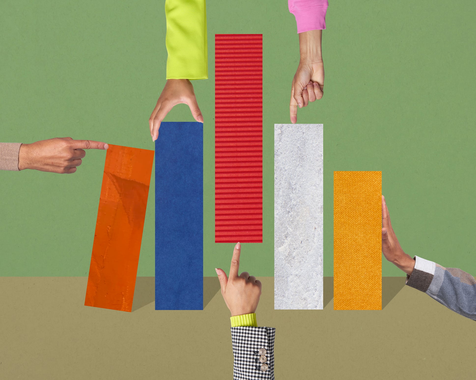 Collage image of hands interacting with bar graph