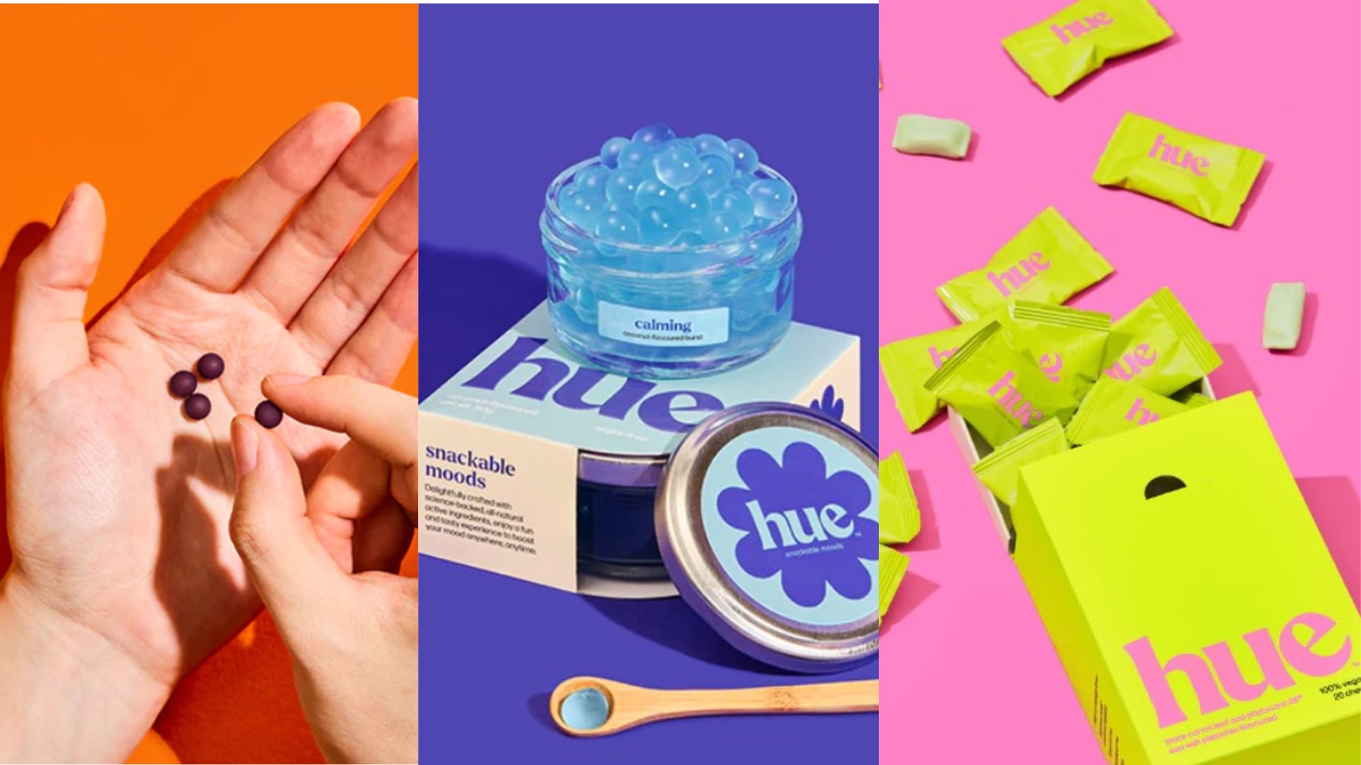 Uplifting Pop: 14mg Tiger Milk Mushroom (Lignosus rhinocerous). Kyoho grape flavour.

Calming Burst: 100mg screwpine (Pandanus amaryfolius) 

Fulfilling Chew: 150mg Black carrot leaf (Daucus carota L.ssp) + 5mg black pepper extract (Phytocann BP). Contains citrus pectin and pistachio flavouring.