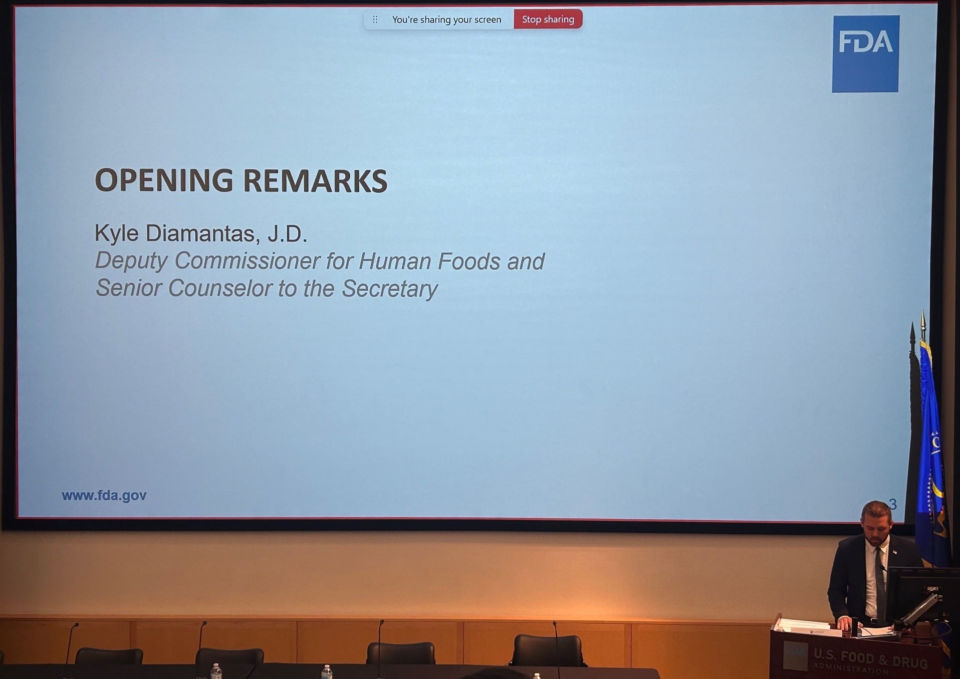 Kyle Diamantas, deputy commissioner for human foods at the U.S. Food and Drug Administration (FDA), delivering his opening remarks at the March 27, 2026 public meeting