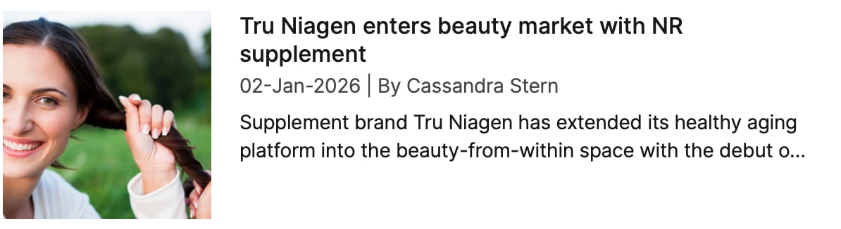 Scrennshot of NutraIngredients coverage: "Tru Niagen enters beauty market with NR supplement"