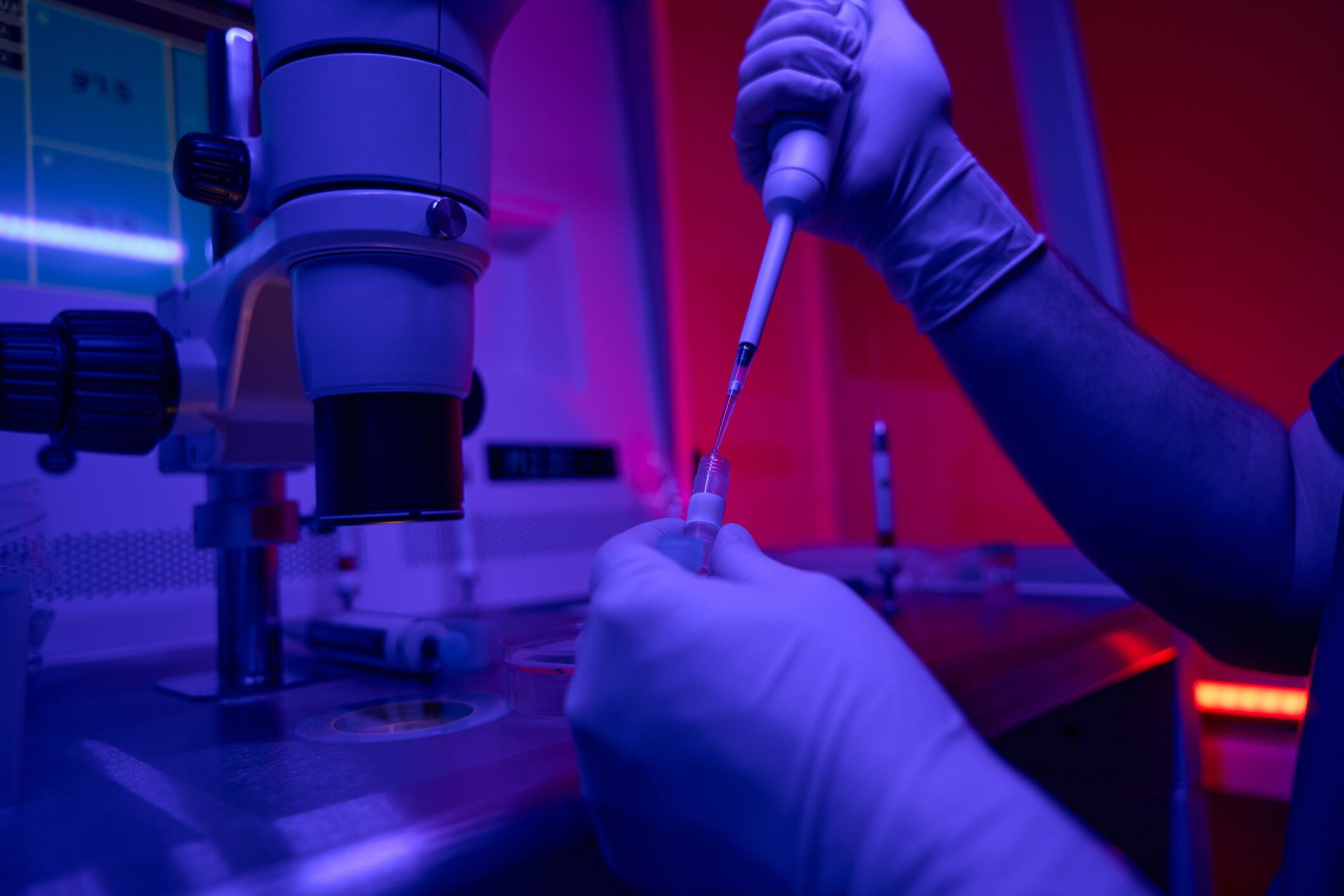 Close-up laboratory technician conducting researches with germ cells, adding reagent to test tube with pipette and observing reaction