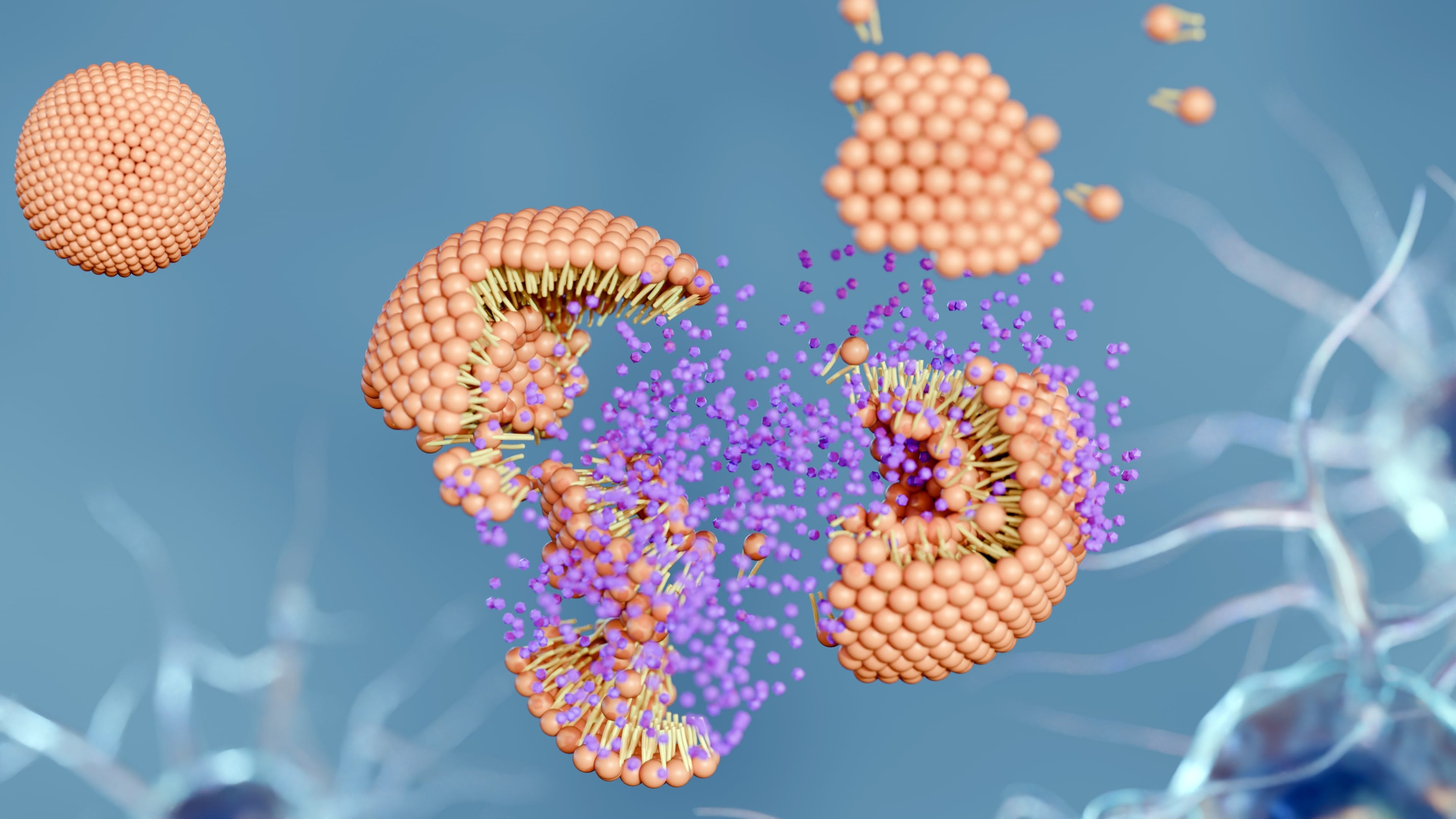 A 3d rendering of the moment a nanocarrier or liposome delivers its therapeutic payload to a specific target or nervous system at a microscopic level.