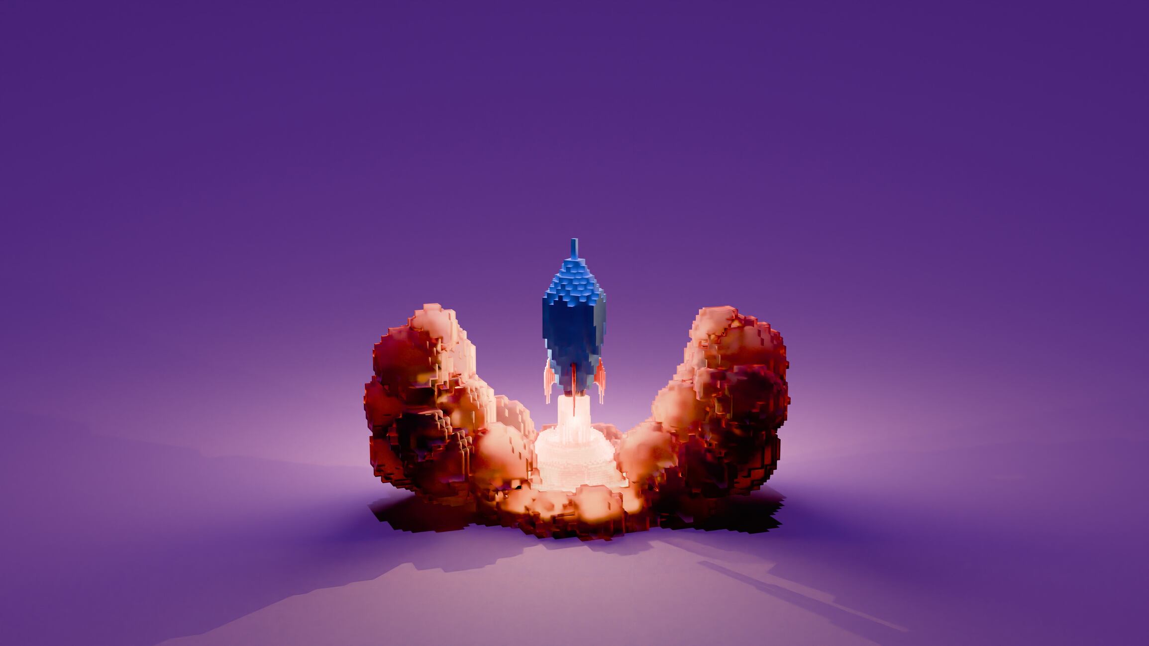 3D voxel rocket launching with smoke explosion in a minimalistic purple background