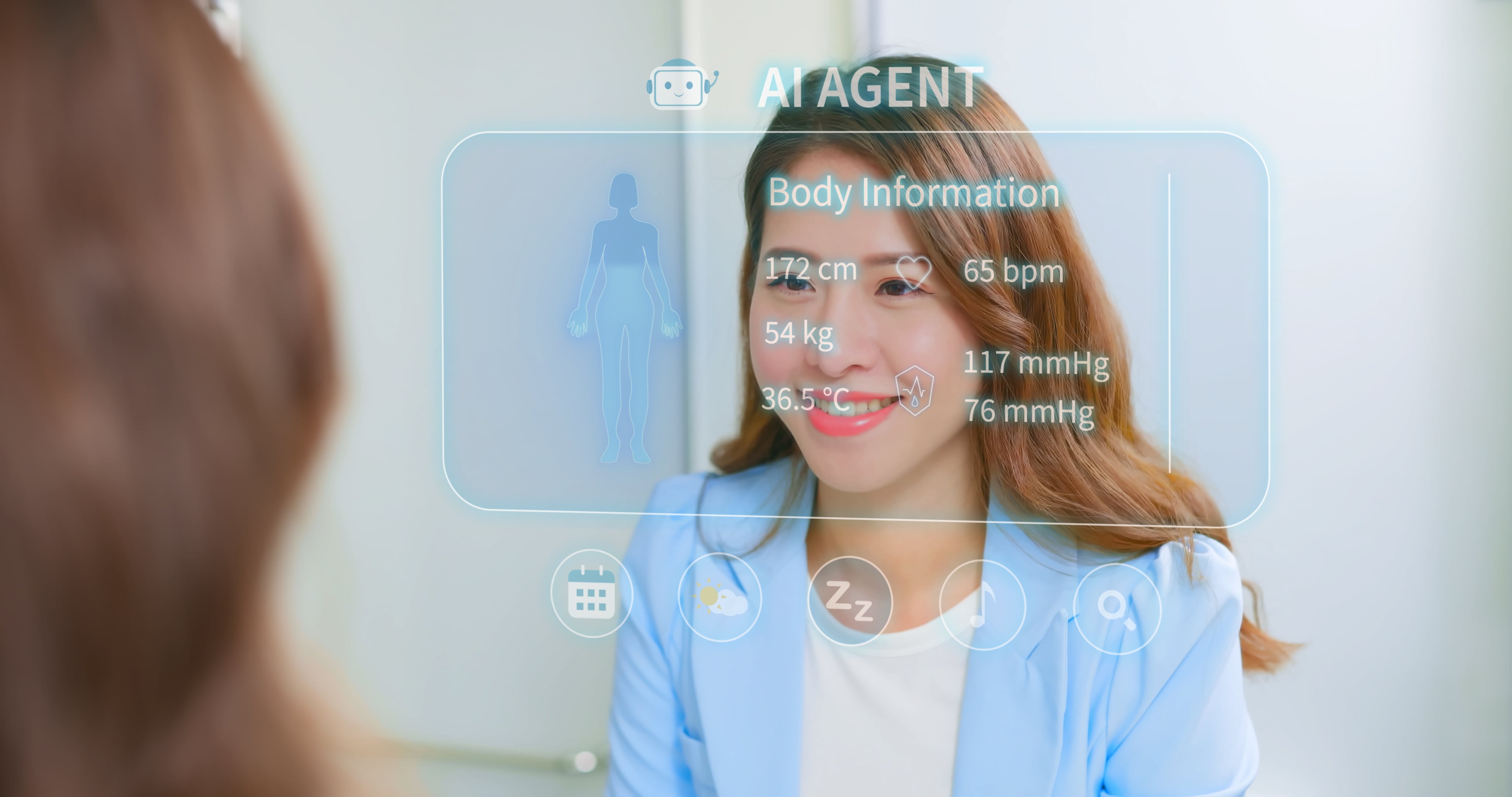 asian woman reviews body health status using smart mirror agent display with digital screen showing temperature pressure heartbeat measurement interface in morning reflection