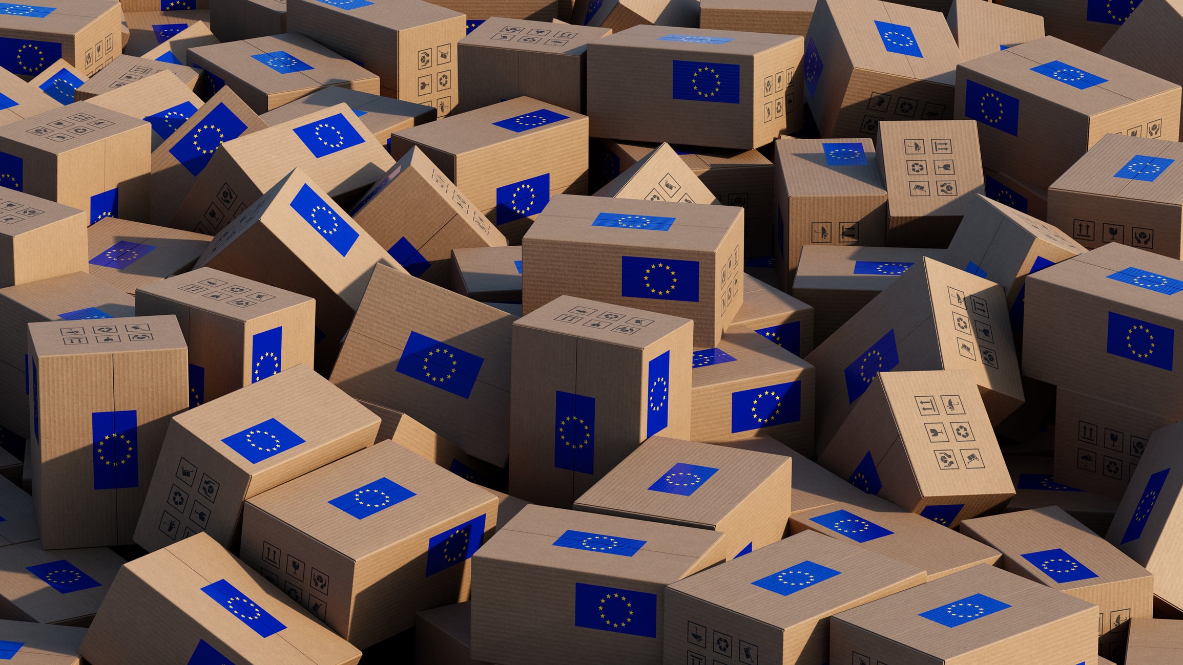 A chaotic pile of international shipping boxes featuring flags from European Union. Symbolizing global trade disruptions and supply chain instability. This illustration represents the impact of trade wars, logistical challenges, and international commerce tensions.
