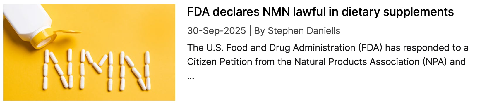 Screenshot of NutraIngredients coverage: "FDA declares NMN lawful in dietary supplements"