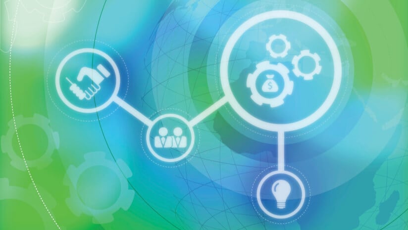Graphic representation of business and merger activity with circles on a green background.