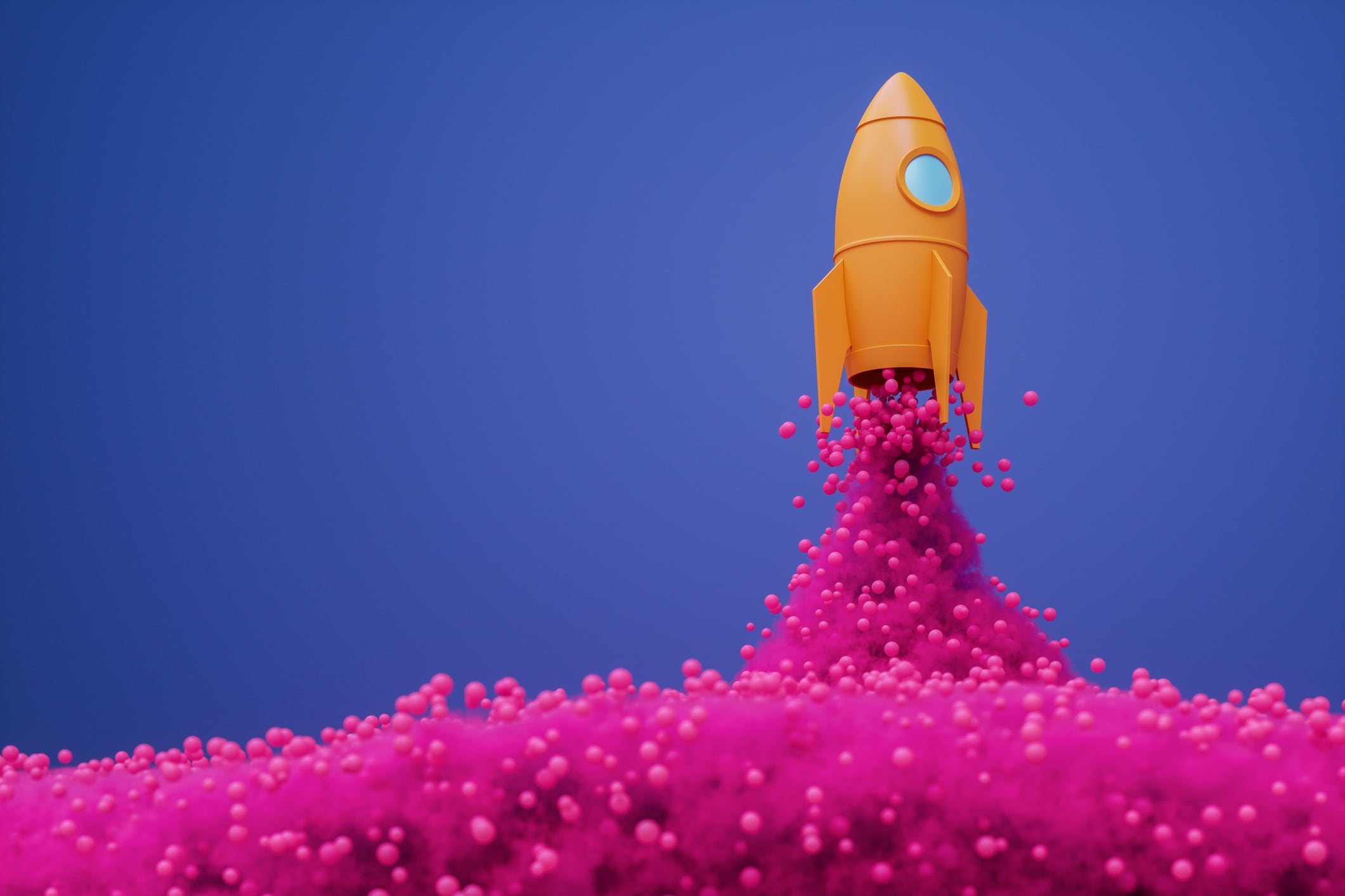 A stylized rocket launching in an abstract environment, surrounded by vibrant colors. 
As the rocket takes off, it emits pink smoke and spheres against a contrasting purple background. 
The rocket signifies the initiation and progress of startups, emerging cryptocurrencies, and new business establishments, representing the concept of growth and the potential of innovative ideas.