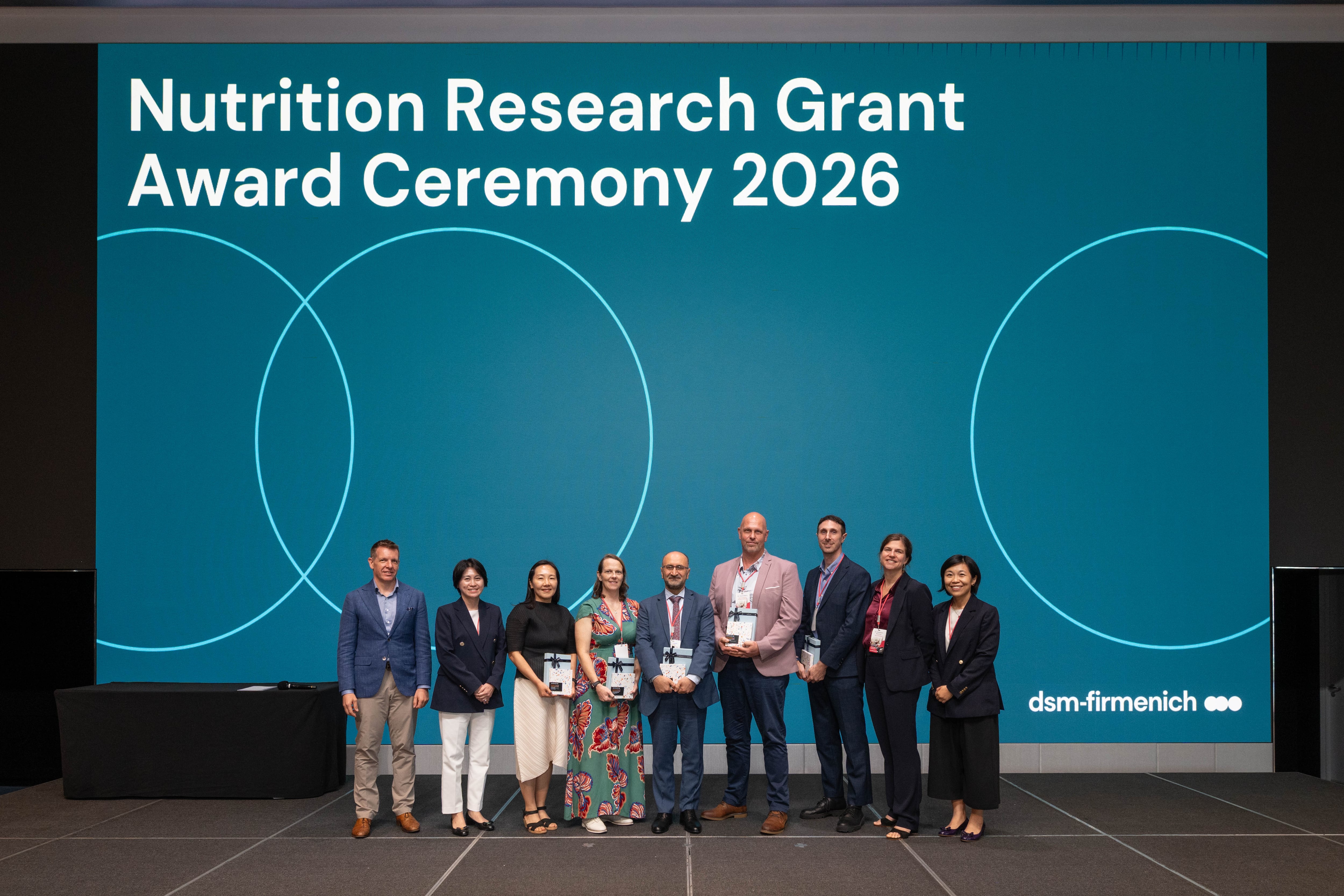 dsm-firmenich held its Asia Nutrition Research Grant Award Ceremony 2026 on July 7. From left is Professor Johan Gunnar Eriksson, executive director and programme director for Human Development at A*STAR Institute for Human Development and Potential (IHDP); Tina Low, SVP APAC, Health, Nutrition & Care (HNC), dsm-firmenich; Dr. Jiyun Ahn, Korea Food Research Institute; Prof. Katherine Black, University of Otago; Prof. Hamid Sohrabi, Murdoch University; Dr. David Barry, National Ageing Research Institute, Australia; Asst. Prof. Vincenzo Sorrentino, National University of Singapore; Anneleen Spooren, SVP, Innovation, R&D & Regulatory, HNC, dsm-firmenich and Dr. Kai Lin Ek, head of Scientific and External Affairs APAC for Health, Nutrition & Care at dsm-firmenich.
