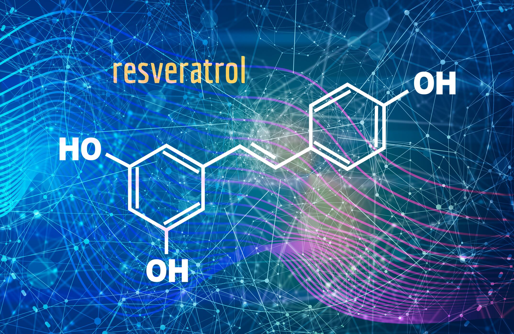 Chemical structural formula of Resveratrol. Connected lines with dots