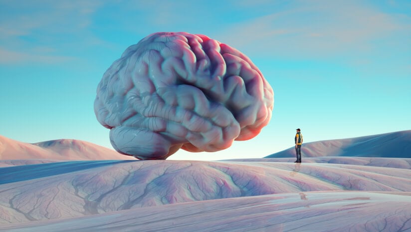 Image of a man pondering a large brain