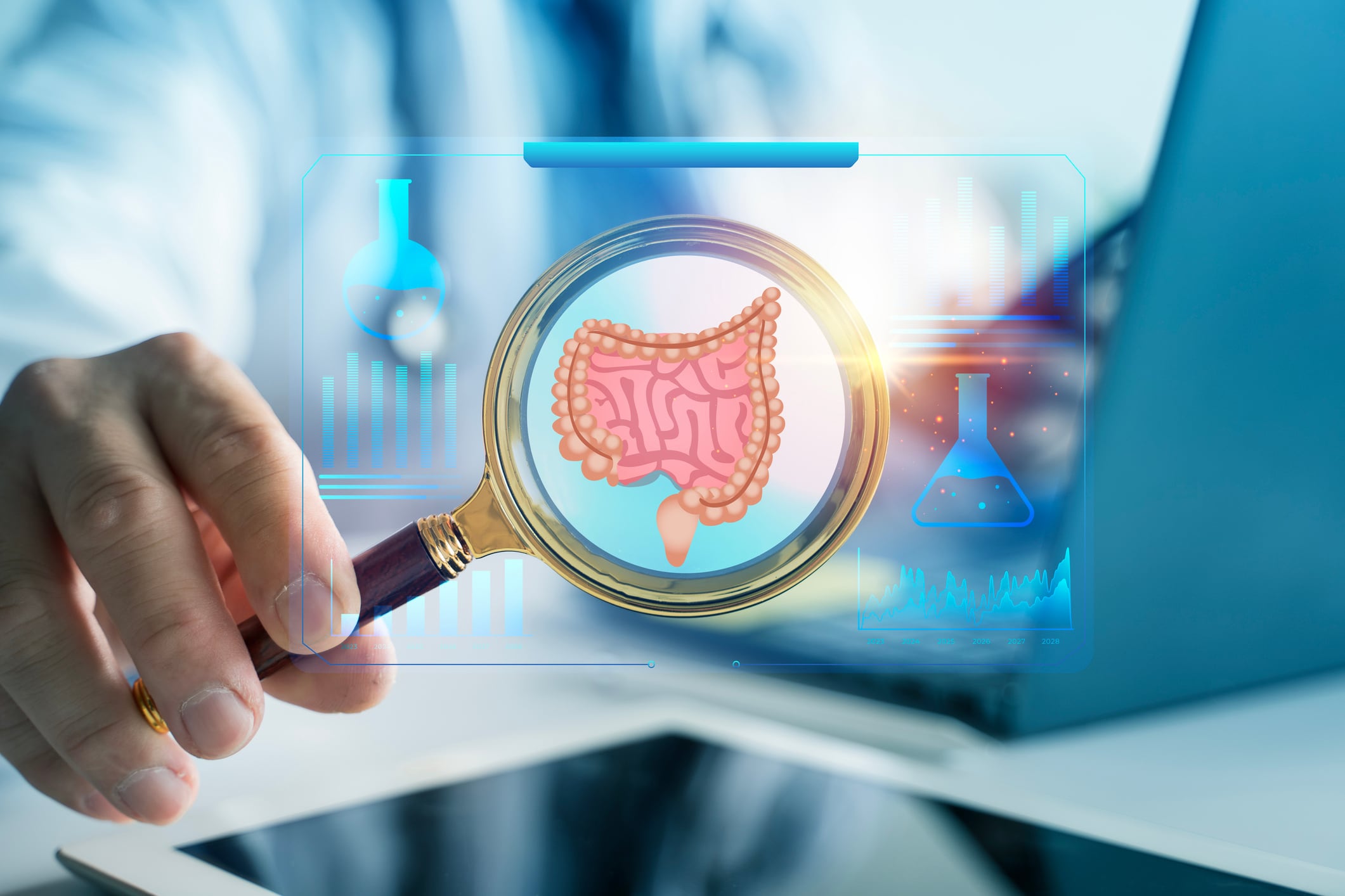 Description (â¤200):
Doctor reviews colon and gut health on a digital dashboard with magnifying glass, showing diagnosis, screening, and medical research analytics.