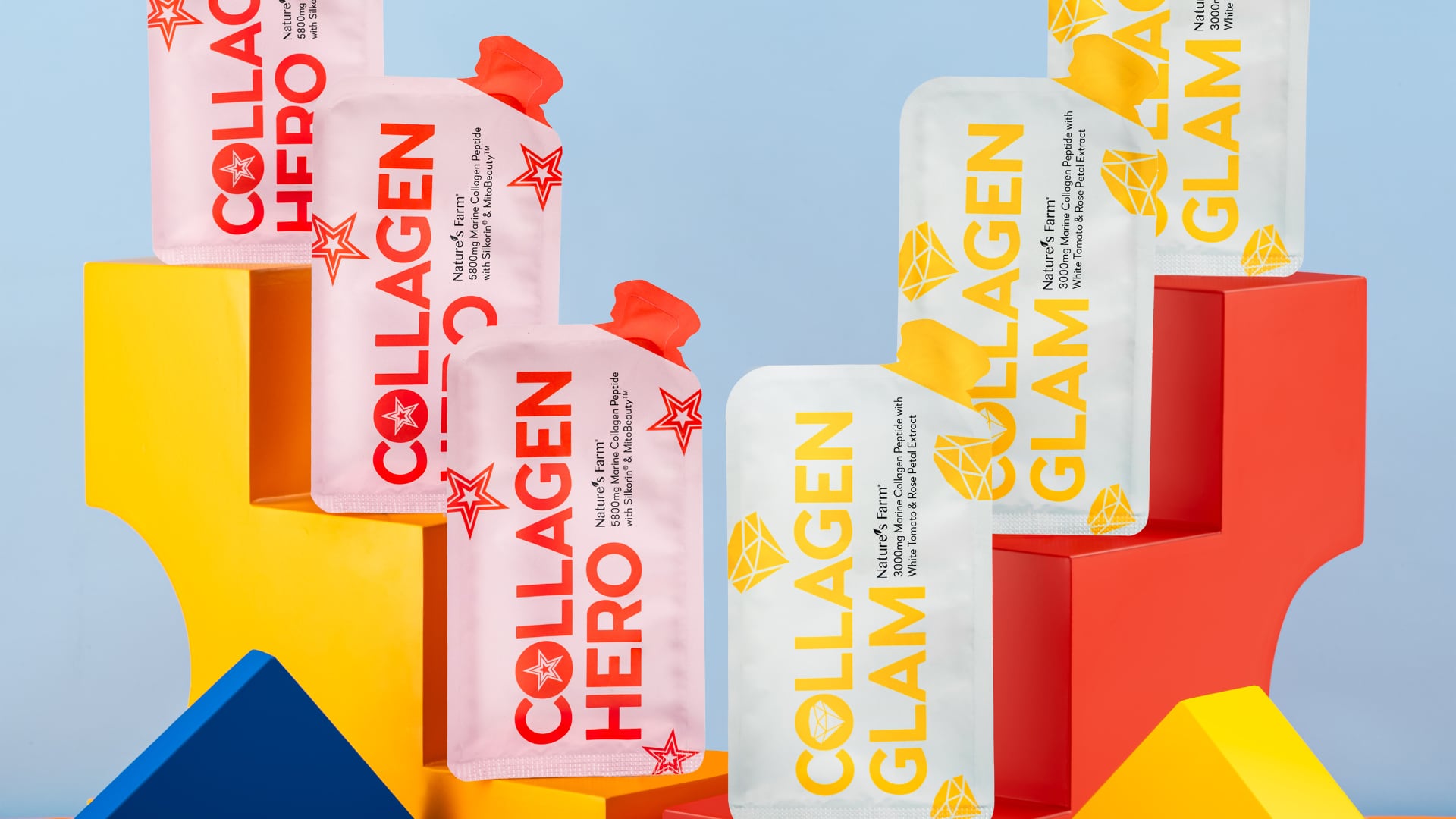 Collagen Glam is tailored for under 30 and Collagen Hero for aged 30 and above. Both leverage marine collagen peptides and patented ingredients to target benefits for skin, hair, and nails effectively.