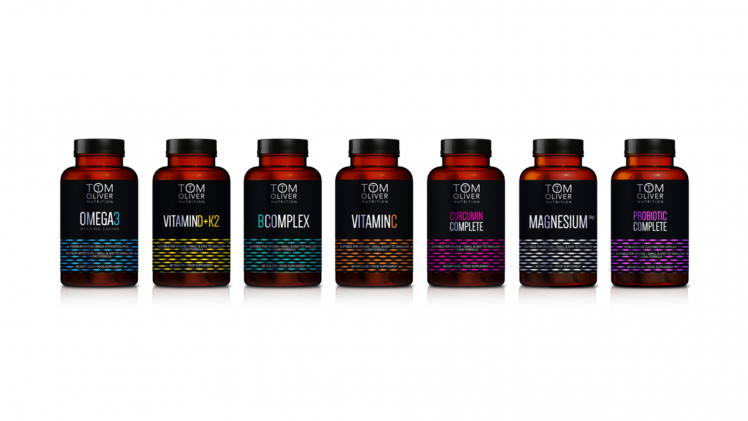Tom Oliver Nutrition's vegan-friendly line of capsules, tablets and soft-gels include vitamin D and K2, vitamin B complex, vitamin C, probiotics, magnesium and curcumin.