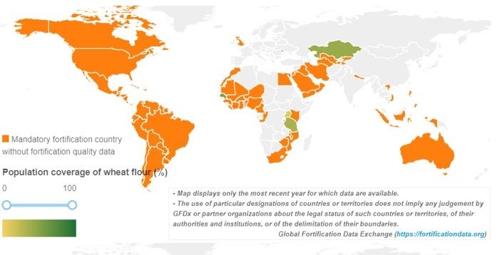 Global coverage of food fortification of wheat flour (often used as vehicles for iron). Filling in the map on food fortification could eliminate hidden hunger affecting 2 billion.©GFDx