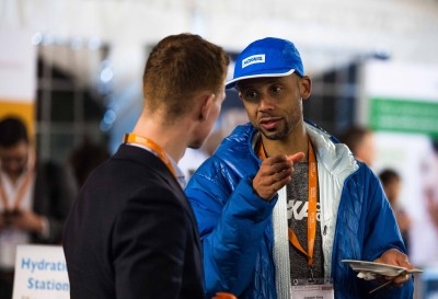 Champion ultra distance runner Joseph Gray makes a point to a fellow attendee during the Sports Nutrition Summit 2020. NutraIngredients USA/Justin Howe